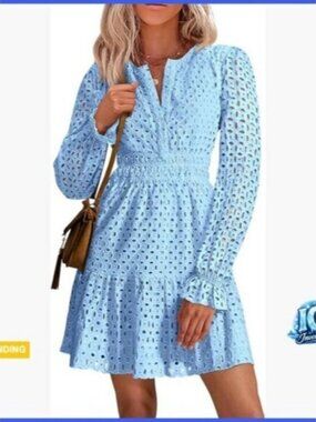 Long Sleeve Mini Dress V-Neck Eyelet Hollow Out Casual Elegant Party